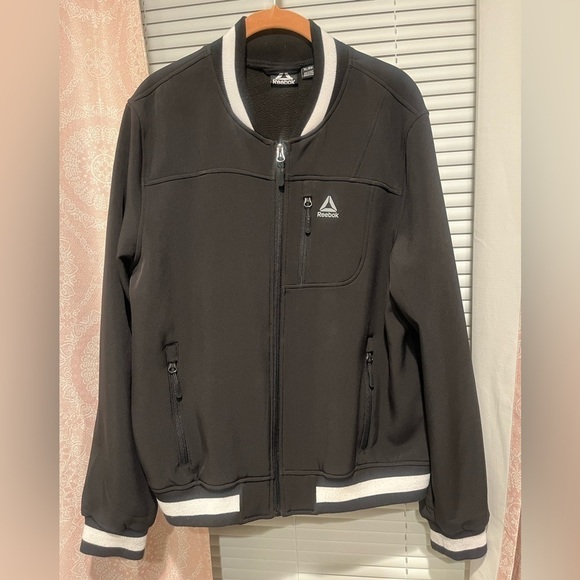 Reebok Bomber Jacket Black & White Full Zip Fleece Lined Polyester Shell Size XL - Picture 11 of 11